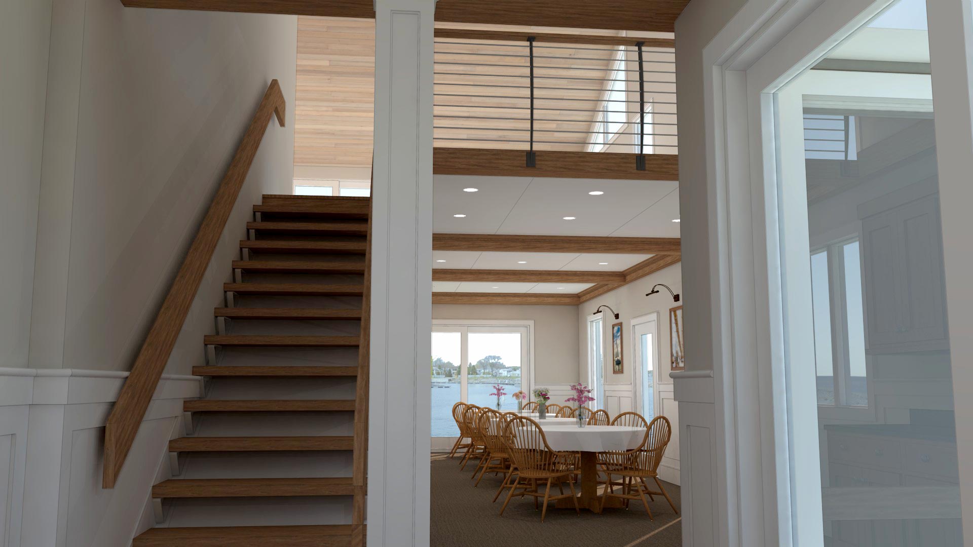 3D rendering of staircase and dining room beyond