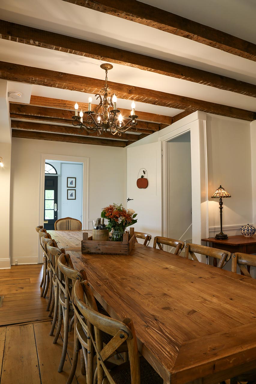 Photo of dining room and beamed ceiling